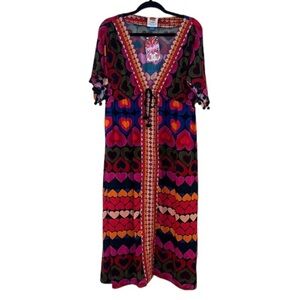 Farm Rio Rainbow Colorful Heart Print V Neck Tie Waist Midi Dress Small NWT RARE
